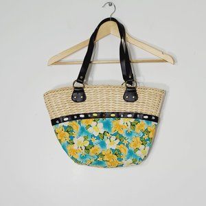Retro Floral Shoulder Bag Woven Straw Dual Handle Lined Tropical Hawaiian Wicker